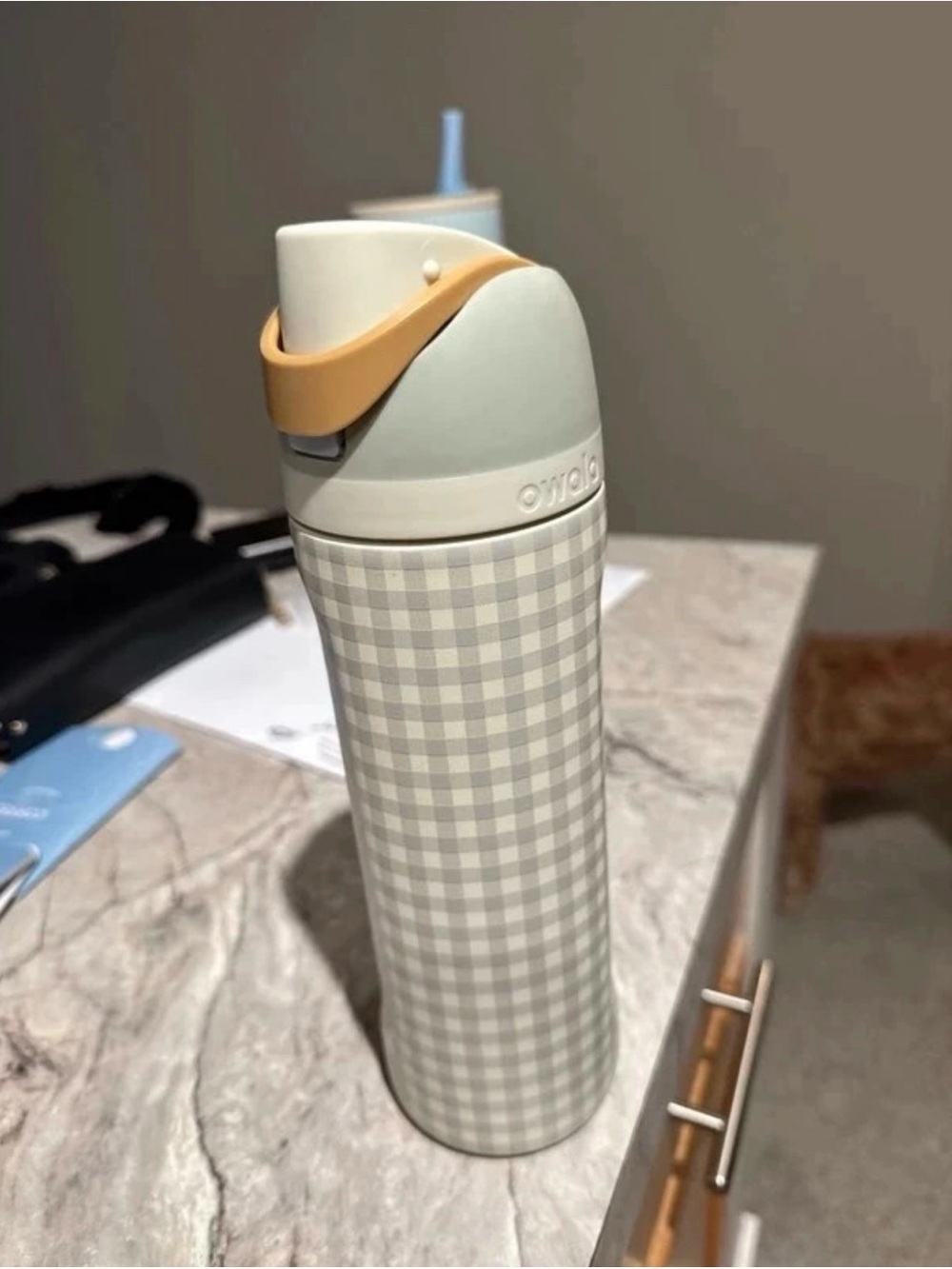 Insulated Sage Plaid Travel Bottle with Mustard Carry Handle